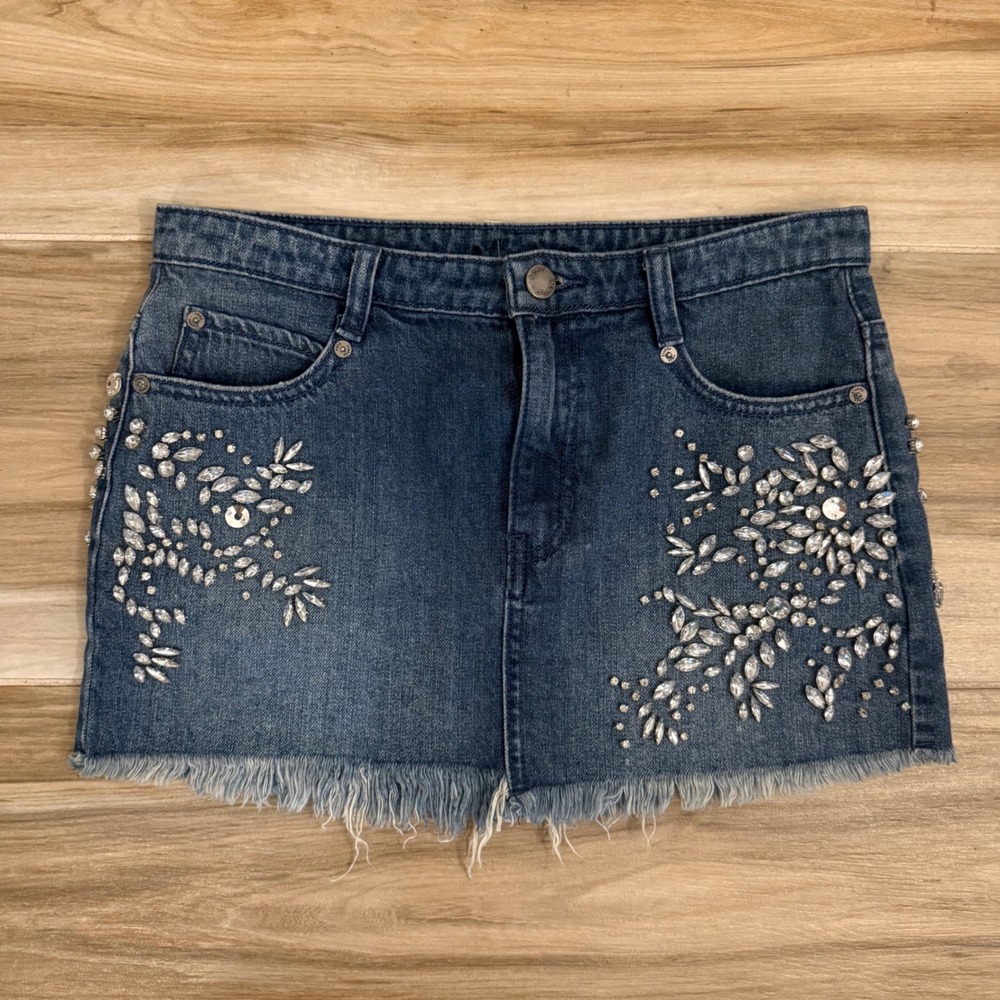 Free People Rhinestone Embellished Denim Mini Skirt Frayed Hem Blue Size 0